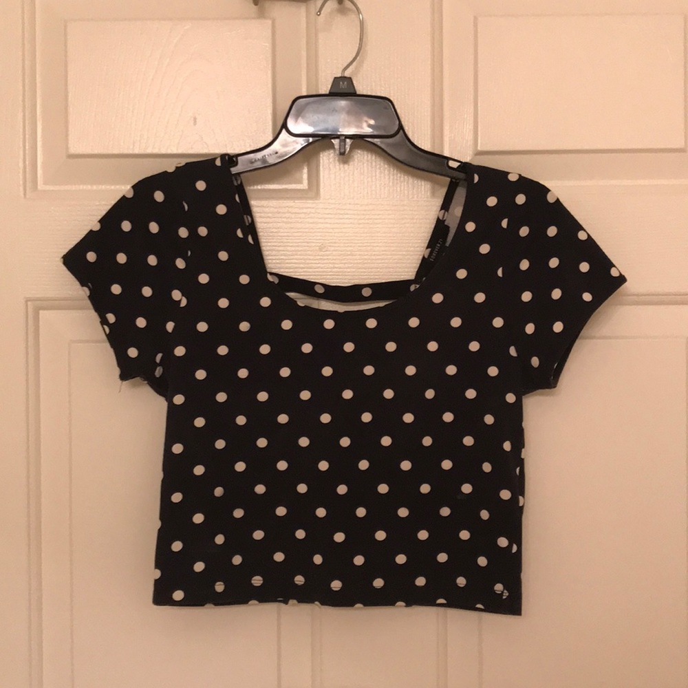 Navy Open Back Crop Top with White Polka Dots